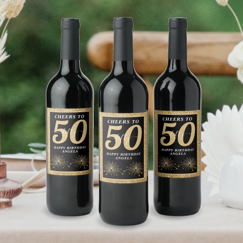 Black  Gold Glitter 50 Fifty Years 50th Birthday Wine Label