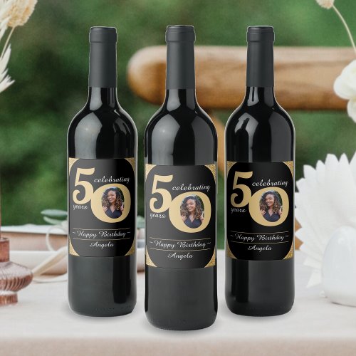 Black  Gold Glitter 50 Fifty Years 50th Birthday Wine Label