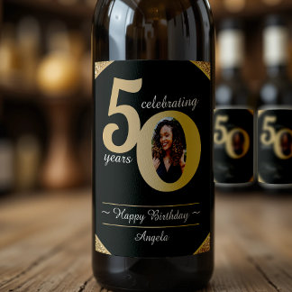 Black & Gold Glitter 50 Fifty Years 50th Birthday Wine Label