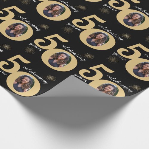 Black  Gold Glitter 50 Fifty Years 50th Birthday Wrapping Paper