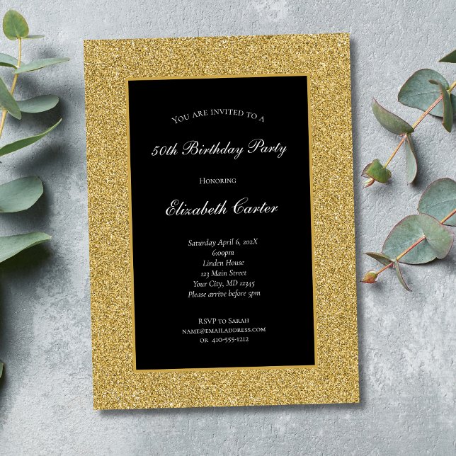 Black Gold Glitter 50th 60th Birthday Invitation (Black and Gold Glitter 50th Birthday invitation. Formal Elegant. Instant Download Digital or Printed)