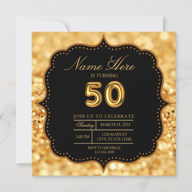 Black Gold Glitter 50th Adult Birthday Invitation (Front)