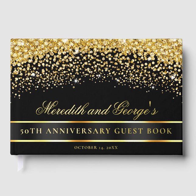 Black  Gold Glitter 50th Anniversary Foil Guest Book (Front)
