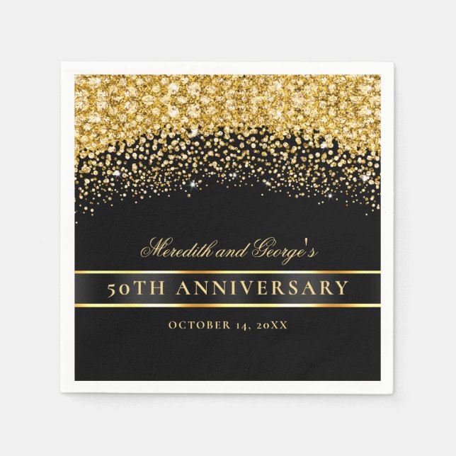 Black Gold Glitter 50th Anniversary Napkins (Front)