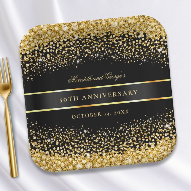 Black Gold Glitter 50th Anniversary Paper Plates (Creator Uploaded)