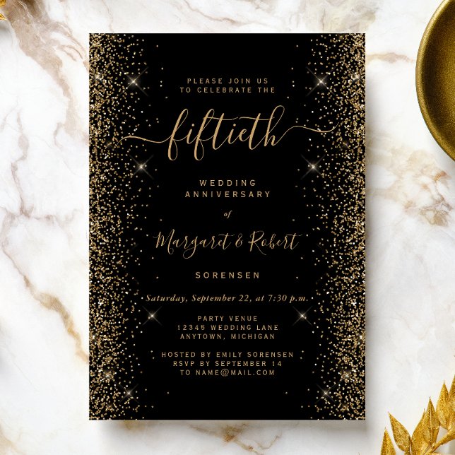 Black Gold Glitter 50th Anniversary Party Invitation (Creator Uploaded)