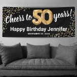 Black Gold Glitter 50th Birthday Banner<br><div class="desc">Elegant fiftieth birthday party banner featuring a stylish black background that can be changed to any color,  gold sparkly glitter,  fifty gold hellium balloons,  and a modern 50th birthday celebration text template that is easy to personalize.</div>