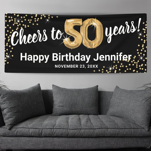 Black Gold Glitter 50th Birthday Banner