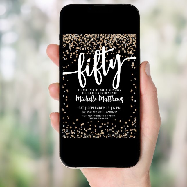 Black Gold Glitter 50th Birthday Invitation (Front Digital)