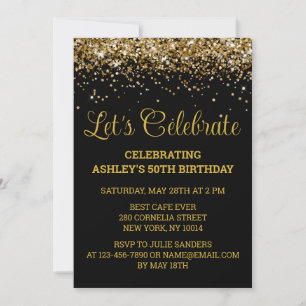 Black & Gold Glitter 50th Birthday Let's Celebrate Invitation