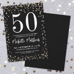 Black Gold Glitter 50th Birthday Party Invitation<br><div class="desc">Celebrate the big 5-0 in style with this elegant and festive 50th birthday party invitation. The design highlights a bold and classic serif "50" at the top, accented with faux shimmering gold and silver confetti across a sleek black background. The guest of honor’s name is displayed in a fun yet...</div>