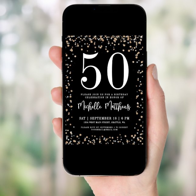 Black Gold Glitter 50th Birthday Party Invitation (Front Digital)