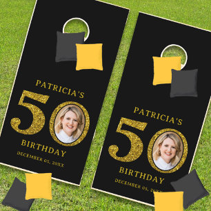 Black Gold Glitter 50th Birthday Party Photo Cornhole Set