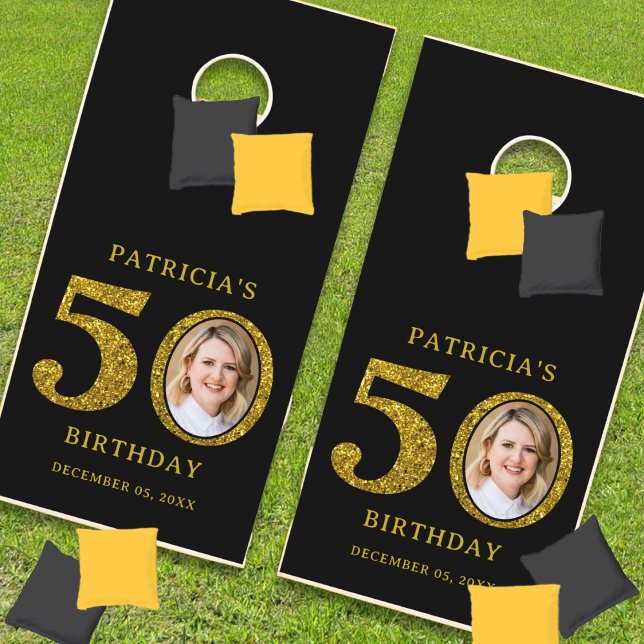 Black Gold Glitter 50th Birthday Party Photo  Cornhole Set (Black Gold Glitter 50th Birthday Party Photo Cornhole Set customized with name and year)