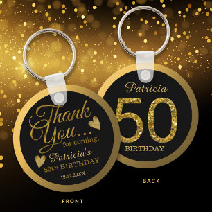 Black & Gold Glitter 50th Birthday Party Thank You Keychain