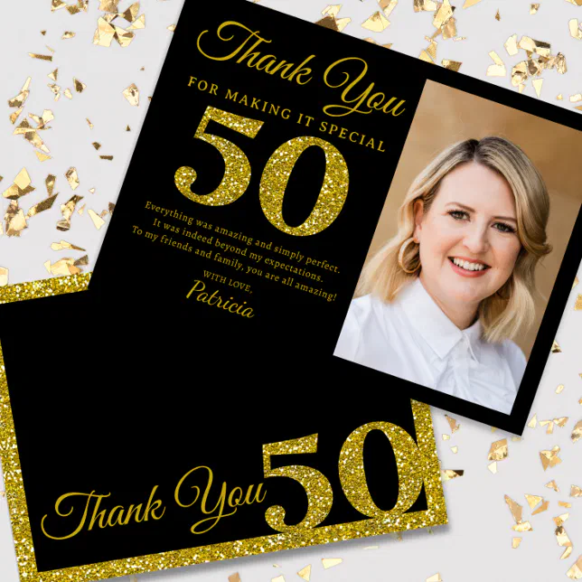 Black Gold Glitter 50th Birthday Photo Thank You Zazzle 7299