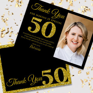 Black Gold Glitter 50th Birthday Photo Thank You Card