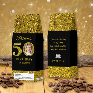 Black Gold Glitter 50th Birthday Photo Thank You Roasted Coffee