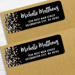 Black Gold Glitter 50th Birthday Return Address Label<br><div class="desc">Chic and festive 50th birthday return address label, designed to match your party invitations or thank you cards. The design features gold and silver faux glitter confetti along the left side for a fun celebratory touch. Your name is displayed in an elegant script font, with the address shown below in...</div>
