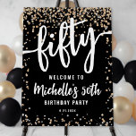 Black Gold Glitter 50th Birthday Welcome Sign<br><div class="desc">Chic and celebratory 50th Birthday Welcome Sign, perfect for greeting guests in style. At the top, "Fifty" is prominently displayed in bold script typography, followed by "Welcome To Name's 50th Birthday Party" in a mix of elegant script and modern sans serif fonts. The date is shown below for a polished...</div>