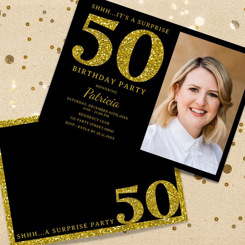 Black Gold Glitter 50th Surprise Birthday Photo Invitation