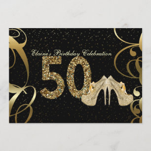 Black Gold Glitter 50th Woman Birthday Invitation