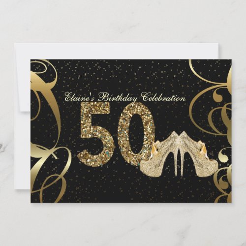Black Gold Glitter 50th Woman Birthday Invitation