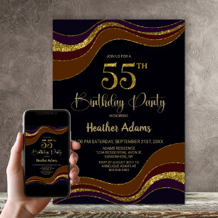 Black Gold Glitter 55th Birthday Party Invitation