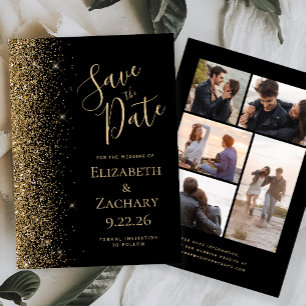 Black Gold Glitter 5-Photo Save the Date Card