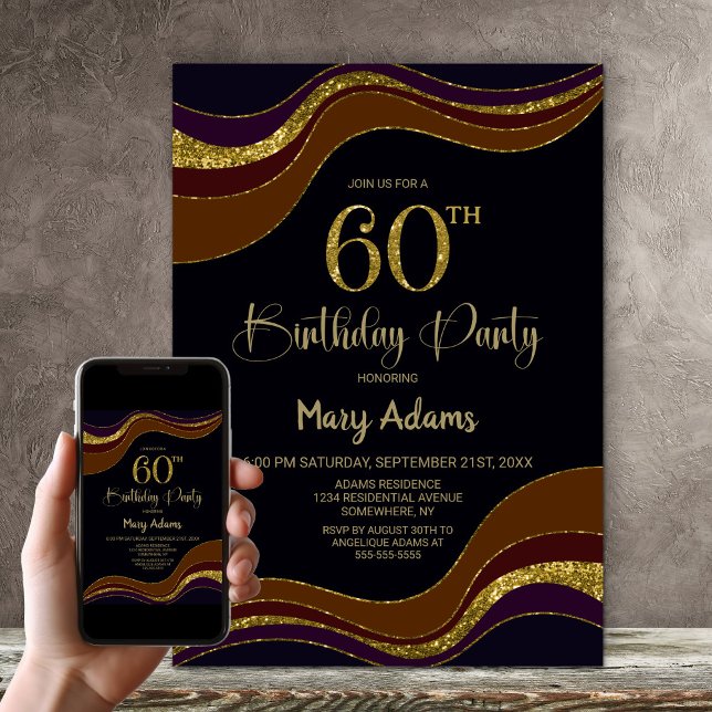 Black Gold Glitter 60th Birthday Party Invitation (Creator Uploaded)