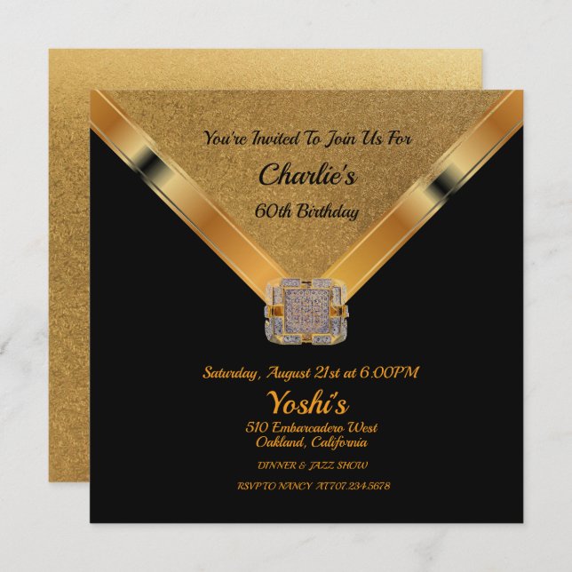 Black, Gold Glitter 60th Birthday Party Invitation (Front/Back)
