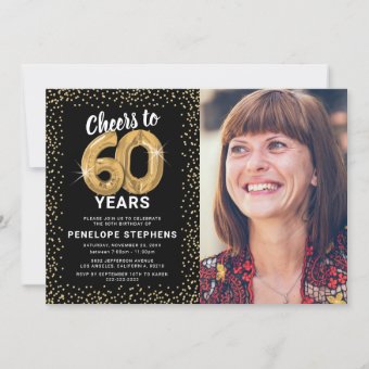 Black Gold Glitter 60th Birthday Photo Invitation | Zazzle