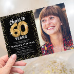 Black Gold Glitter 60th Birthday Photo Invitation<br><div class="desc">Elegant sixtieth birthday party invitation featuring a stylish black background that can be changed to any color,  a photo of the birthday girl/boy,  gold sparkly glitter,  sixty gold hellium balloons,  and a modern 60th birthday celebration text template that is easy to personalize.</div>