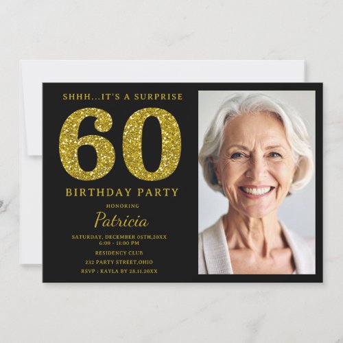 Black Gold Glitter 60th Surprise Birthday Photo  Invitation