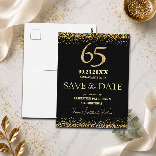Black Gold Glitter 65th Birthday Save the Date Postcard