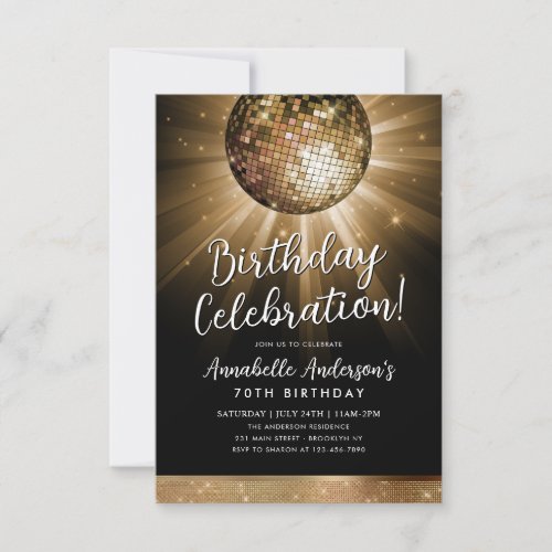 Black Gold Glitter 70s Party Disco Ball Birthday Note Card
