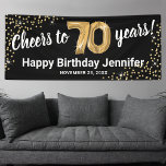 Black Gold Glitter 70th Birthday Banner<br><div class="desc">Elegant seventieth birthday party banner featuring a stylish black background that can be changed to any color,  gold sparkly glitter,  seventy gold hellium balloons,  and a modern 70th birthday celebration text template that is easy to personalize.</div>