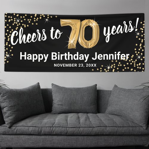 Black Gold Glitter 70th Birthday Banner