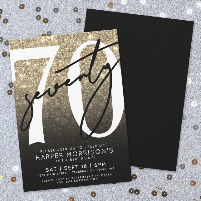 Black Gold Glitter 70th Birthday Invitation (Black Gold Glitter 70th Birthday Invitation)