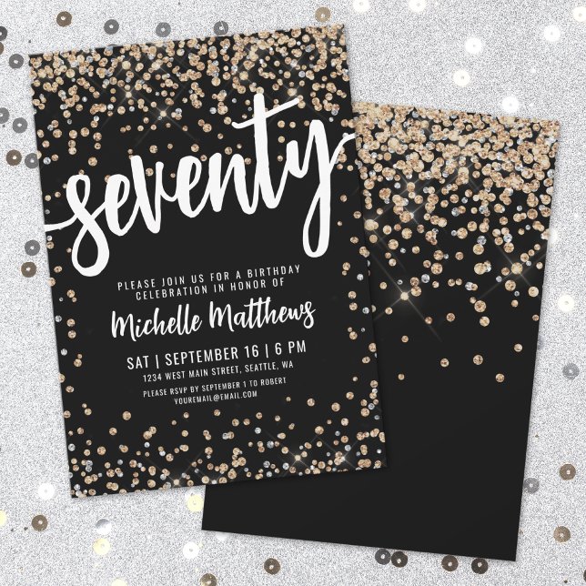Black Gold Glitter 70th Birthday Invitation (Black Gold Glitter 70th Birthday Invitation)