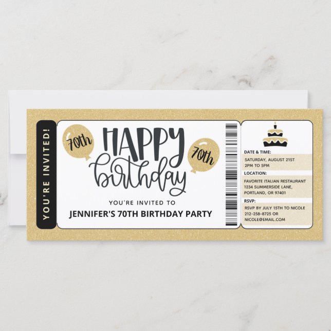 Black Gold Glitter 70th Birthday Invitation Ticket (Front)