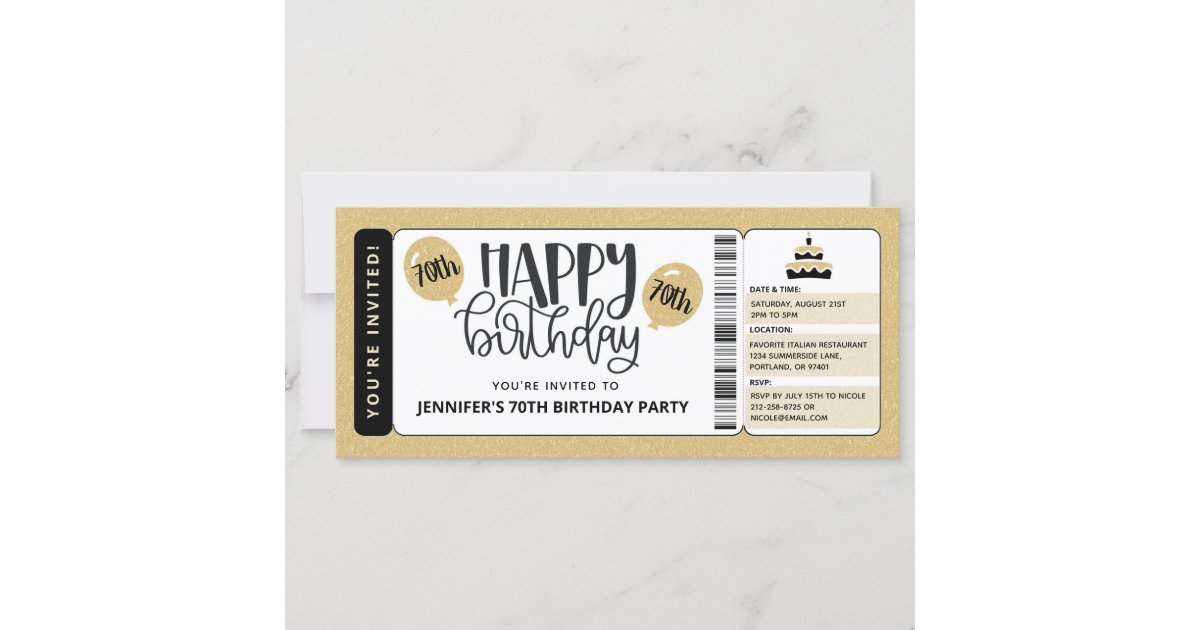 Black Gold Glitter 70th Birthday Invitation Ticket Zazzle