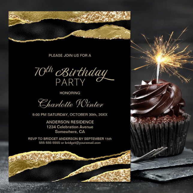 Black Gold Glitter 70th Birthday Party Invitation