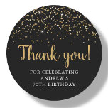 Black & Gold Glitter | 70th Birthday Thank You Classic Round Sticker<br><div class="desc">Customizable 70th birthday favor stickers featuring gold glitter on a black background.</div>