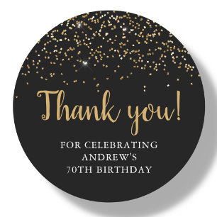 Black & Gold Glitter 70th Birthday Thank You Classic Round Sticker