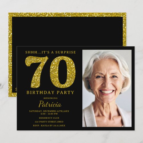 Black Gold Glitter 70th Surprise Birthday Photo Invitation
