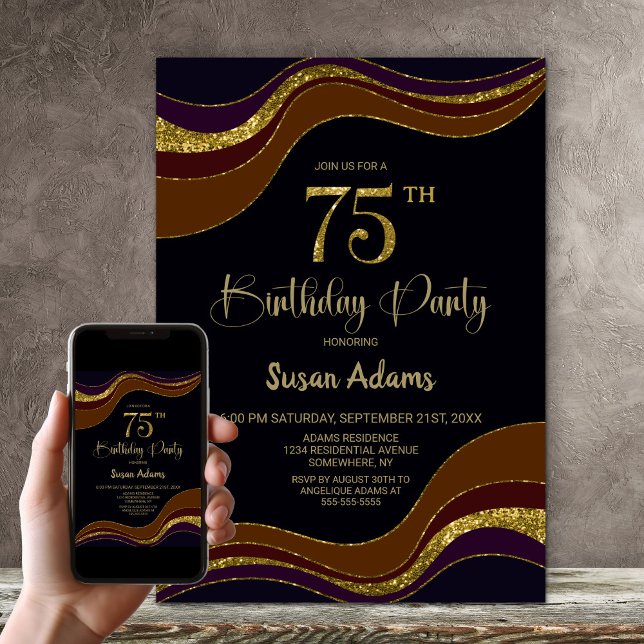 Black Gold Glitter 75th Birthday Party Invitation (Creator Uploaded)