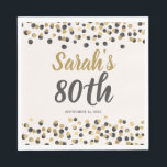 Black Gold Glitter 80th Birthday  Napkins<br><div class="desc">Elegant black and gold confetti glitter women's 80th birthday party paper napkins personalized with a name, party date, and age. All text is customizable so these napkins can be designed for any age when you use Zazzle's design tools. Contact me for assistance with your customizations or to request additional matching...</div>
