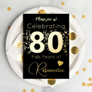 Black Gold Glitter 80th Birthday Party Foil Invitation