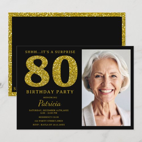 Black Gold Glitter 80th Surprise Birthday Photo Invitation